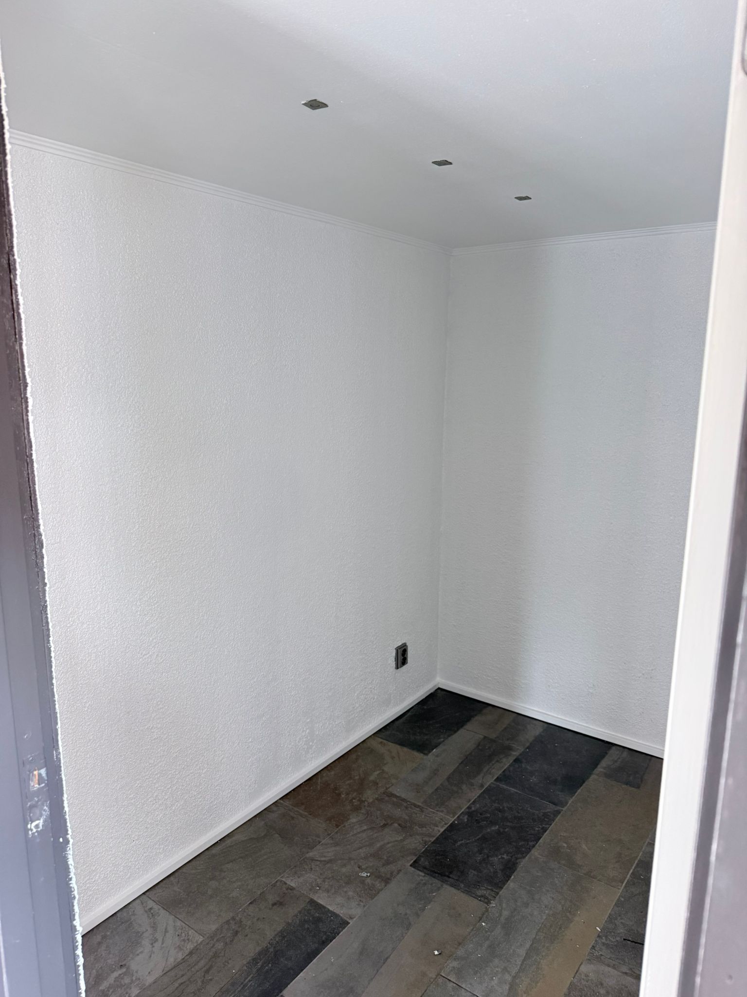 Lege kamer met wit geschilderde muren en donkere vloer.