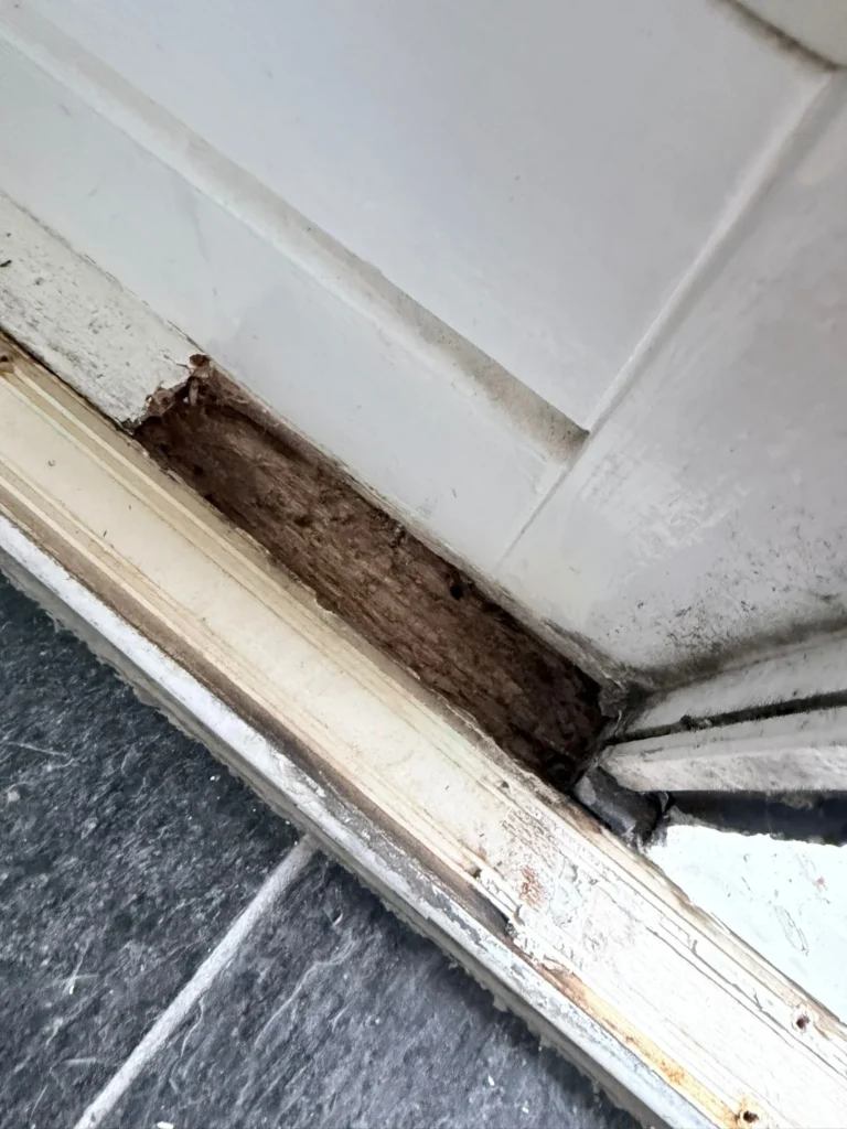 Uitgefreesde plek met houtrot in de onderdorpel van een wit kozijn in Castricum