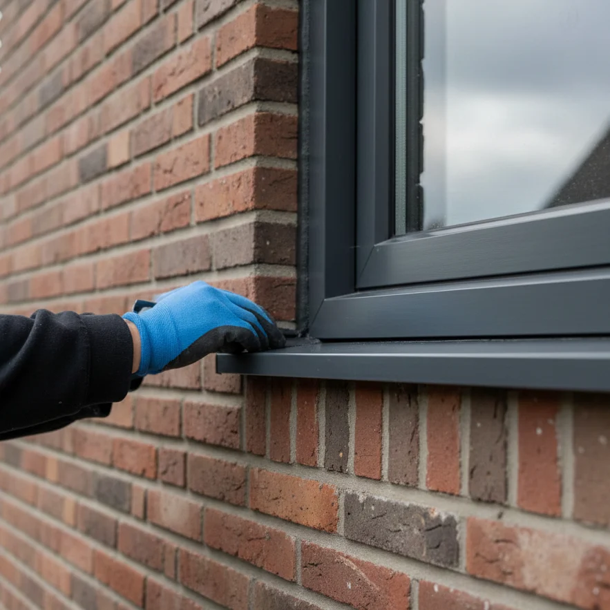 Hand met blauwe werkhandschoen bij de aansluiting van een antraciet waterslag op baksteen in Castricum